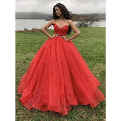 NumberSea - Ball Gown Red Tulle V - neck Long Prom Dress Formal Evening Gowns