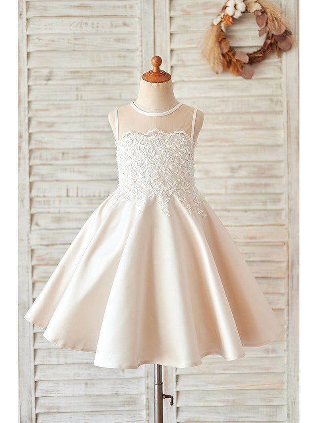 NumberSea - Ball Gown Satin Sleeveless Jewel Neck Wedding Birthday Flower Girl Dresses