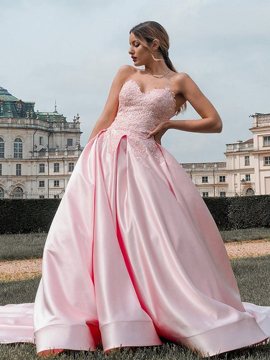 NumberSea - Ball Gown Satin Sweetheart Lace Sleeveless Court Train Dresses