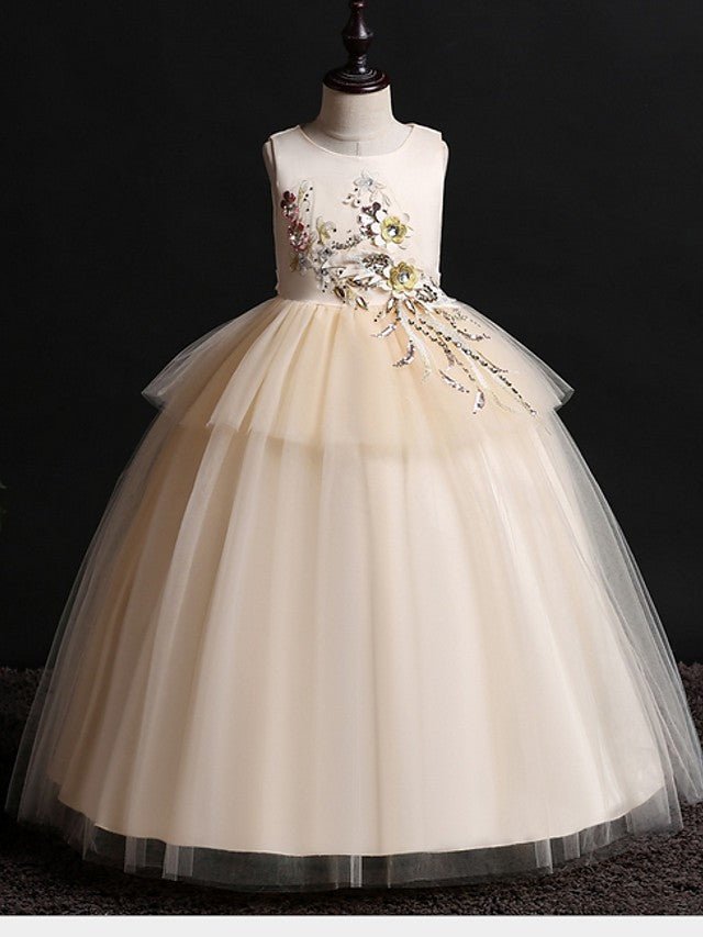 NumberSea - Ball Gown Satin Tulle Sleeveless Jewel Neck Wedding Party Flower Girl Dresses