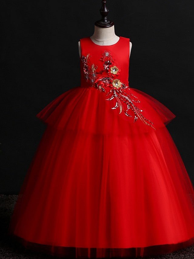 NumberSea - Ball Gown Satin Tulle Sleeveless Jewel Neck Wedding Party Flower Girl Dresses