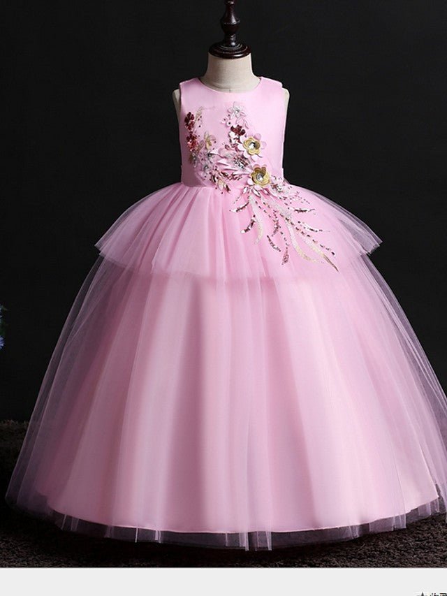 NumberSea - Ball Gown Satin Tulle Sleeveless Jewel Neck Wedding Party Flower Girl Dresses