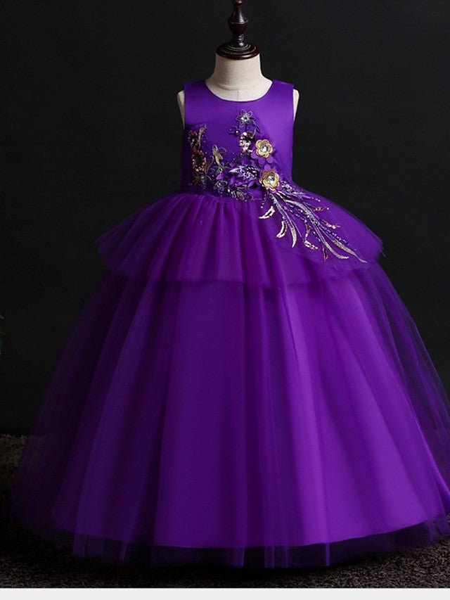 NumberSea - Ball Gown Satin Tulle Sleeveless Jewel Neck Wedding Party Flower Girl Dresses