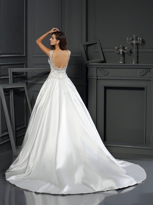 NumberSea - Ball Gown Scoop Applique Sleeveless Long Satin Wedding Dresses