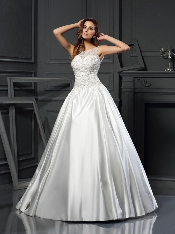 NumberSea - Ball Gown Scoop Applique Sleeveless Long Satin Wedding Dresses