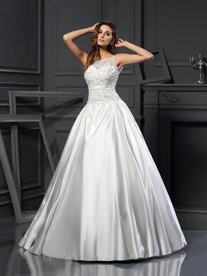 NumberSea - Ball Gown Scoop Applique Sleeveless Long Satin Wedding Dresses