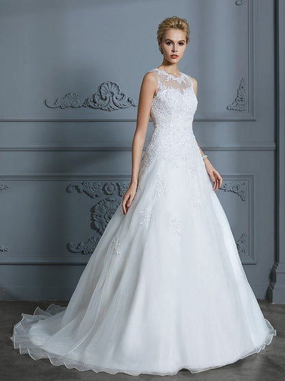 NumberSea - Ball Gown Scoop Sleeveless Organza Court Train Applique Wedding Dresses