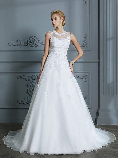 NumberSea - Ball Gown Scoop Sleeveless Organza Court Train Applique Wedding Dresses