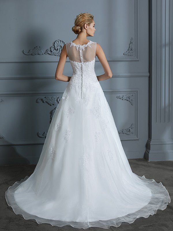 NumberSea - Ball Gown Scoop Sleeveless Organza Court Train Applique Wedding Dresses