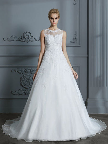 NumberSea - Ball Gown Scoop Sleeveless Organza Court Train Applique Wedding Dresses