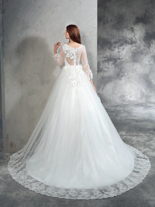 NumberSea - Ball Gown Sheer Neck Hand - Made Flower Long Sleeves Long Net Wedding Dresses