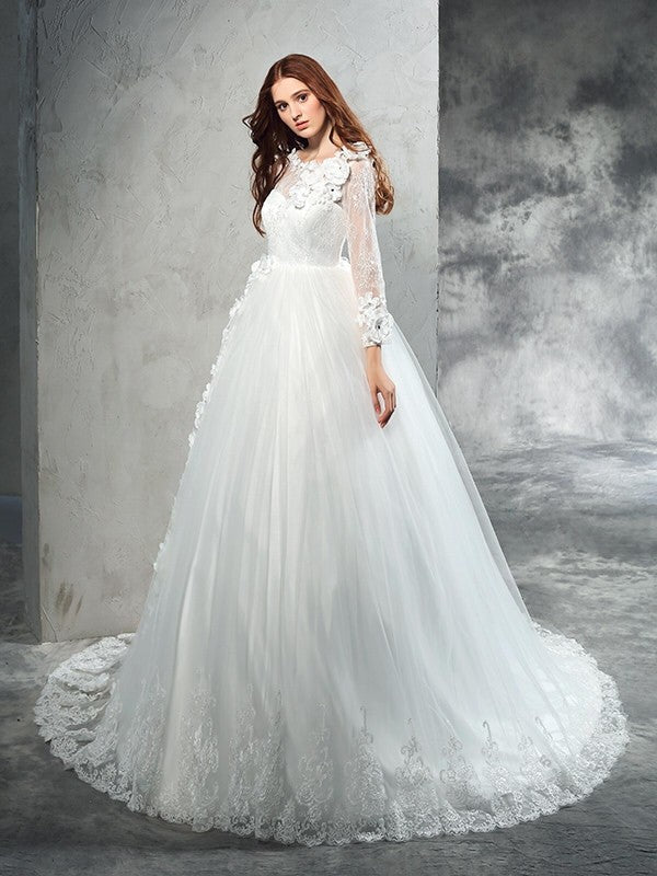 NumberSea - Ball Gown Sheer Neck Hand - Made Flower Long Sleeves Long Net Wedding Dresses