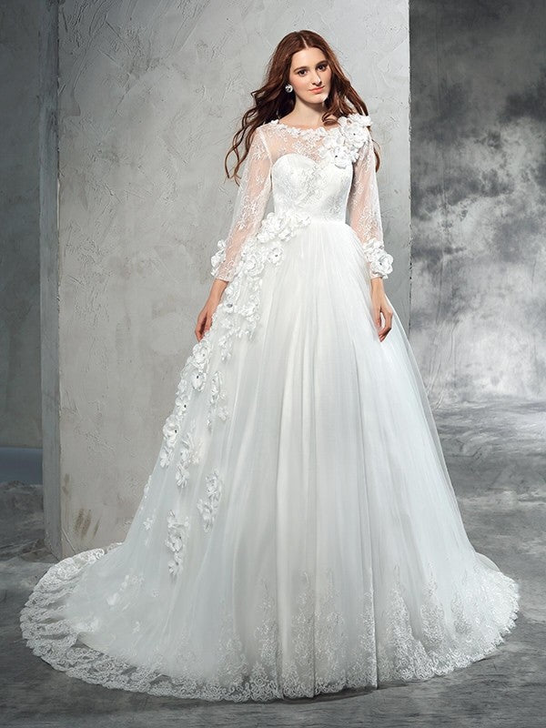 NumberSea - Ball Gown Sheer Neck Hand - Made Flower Long Sleeves Long Net Wedding Dresses