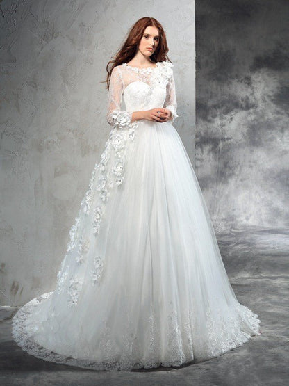 NumberSea - Ball Gown Sheer Neck Hand - Made Flower Long Sleeves Long Net Wedding Dresses