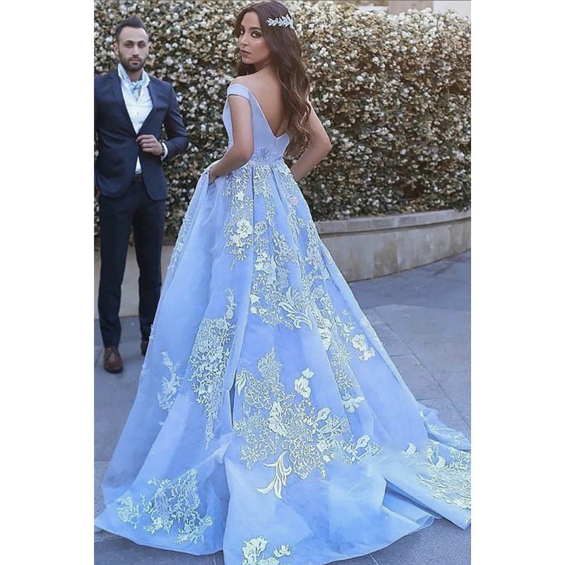 NumberSea - Ball Gown Sky Blue Tulle Appliques Long Prom Dress with Pockets