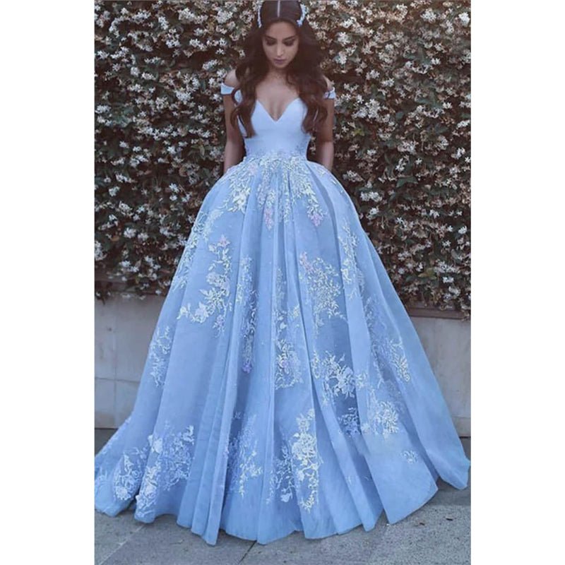 NumberSea - Ball Gown Sky Blue Tulle Appliques Long Prom Dress with Pockets