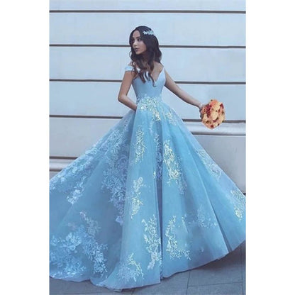 NumberSea - Ball Gown Sky Blue Tulle Appliques Long Prom Dress with Pockets