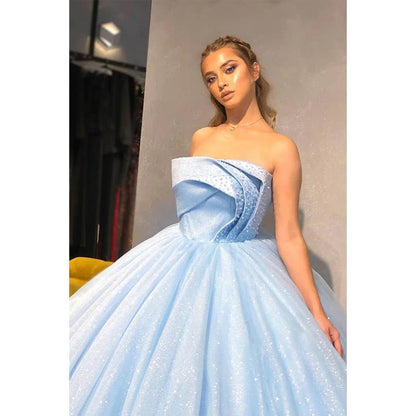 NumberSea - Ball Gown Sky Blue Tulle Beaded Strapless Long Sparkle Prom Dress Formal Evening Gowns