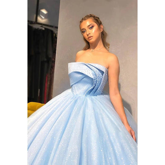 NumberSea - Ball Gown Sky Blue Tulle Beaded Strapless Long Sparkle Prom Dress Formal Evening Gowns