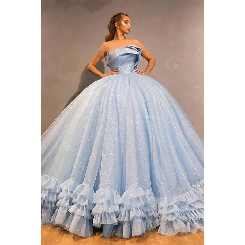 NumberSea - Ball Gown Sky Blue Tulle Beaded Strapless Long Sparkle Prom Dress Formal Evening Gowns