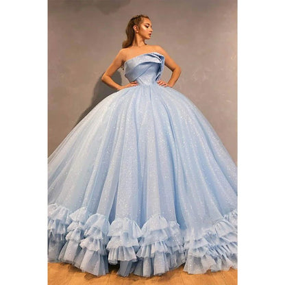 NumberSea - Ball Gown Sky Blue Tulle Beaded Strapless Long Sparkle Prom Dress Formal Evening Gowns