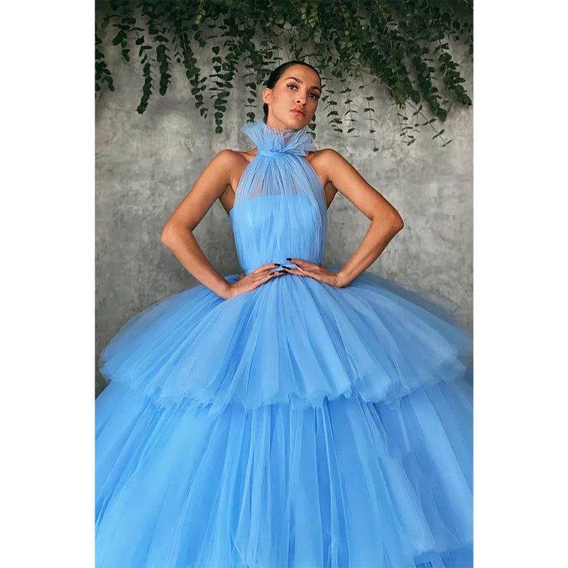 NumberSea - Ball Gown Sky Blue Tulle High Neck Long Prom Dress Formal Evening Gowns