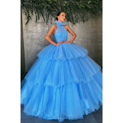 NumberSea - Ball Gown Sky Blue Tulle High Neck Long Prom Dress Formal Evening Gowns