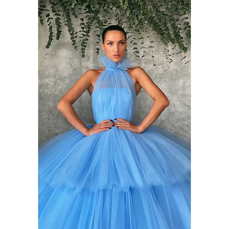 NumberSea - Ball Gown Sky Blue Tulle High Neck Long Prom Dress Formal Evening Gowns