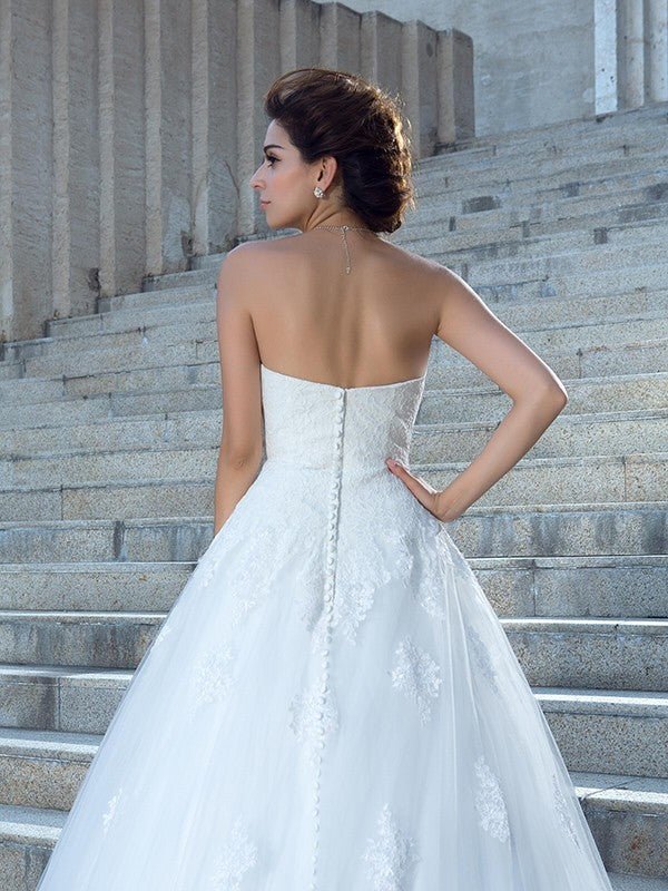 NumberSea - Ball Gown Spaghetti Straps Applique Sleeveless Long Satin Wedding Dresses