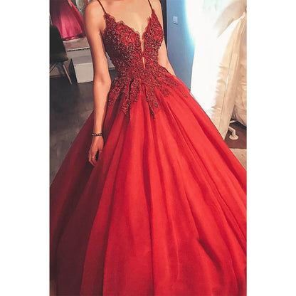 NumberSea - Ball Gown Spaghetti Straps Beaded Burgundy Tulle Long Prom Dress Formal Evening Gowns