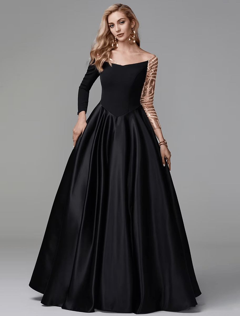 NumberSea - Ball Gown Sparkle Quinceanera Formal Evening Dress Off Shoulder Long Sleeve Floor Length Satin with Sequin