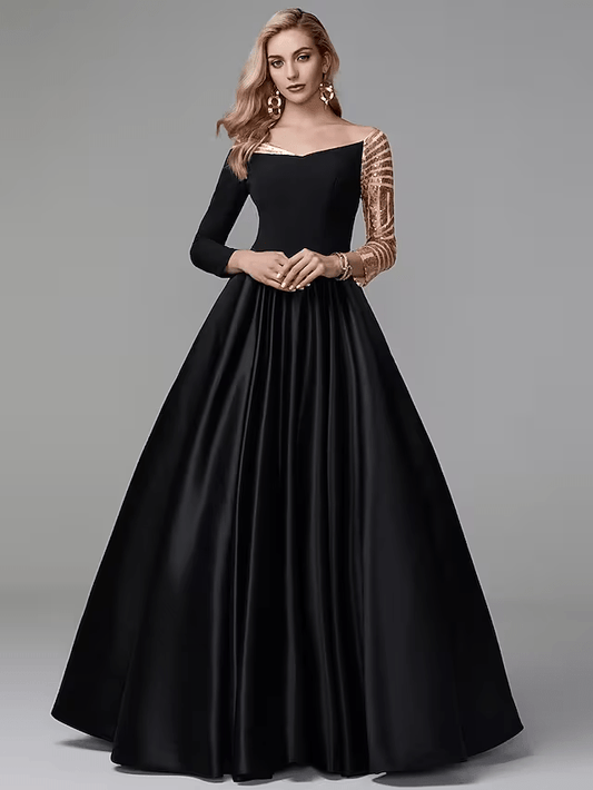 NumberSea - Ball Gown Sparkle Quinceanera Formal Evening Dress Off Shoulder Long Sleeve Floor Length Satin with Sequin