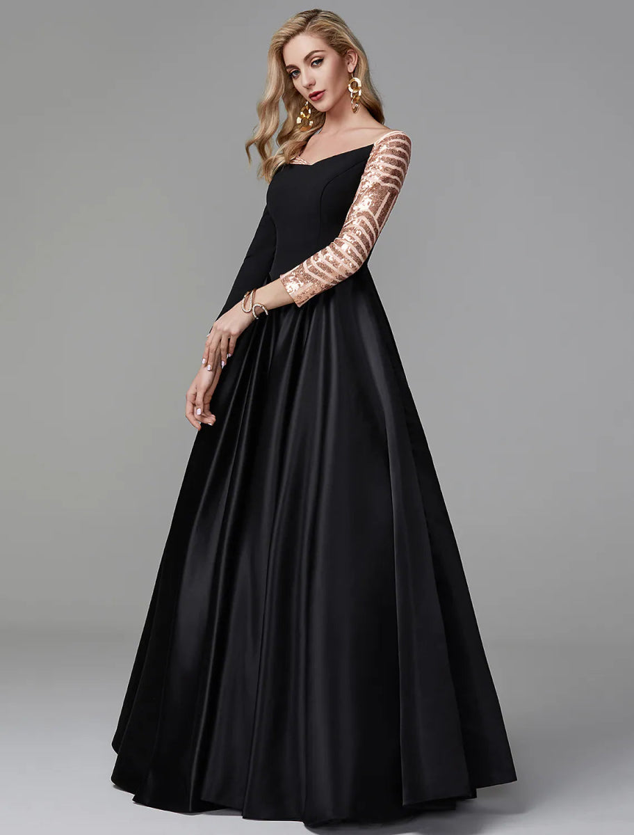 NumberSea - Ball Gown Sparkle Quinceanera Formal Evening Dress Off Shoulder Long Sleeve Floor Length Satin with Sequin