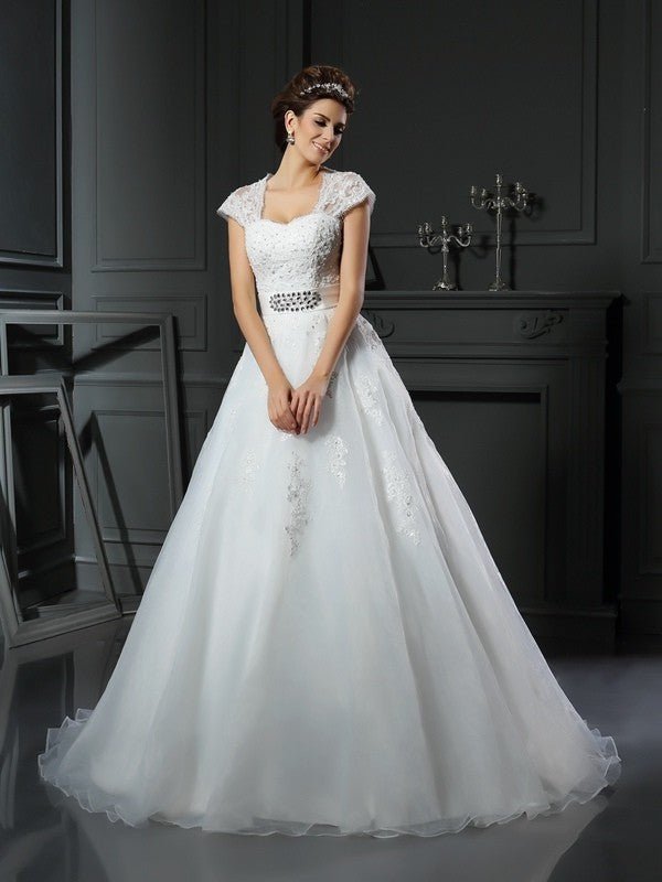 NumberSea - Ball Gown Square Beading Sleeveless Long Organza Wedding Dresses