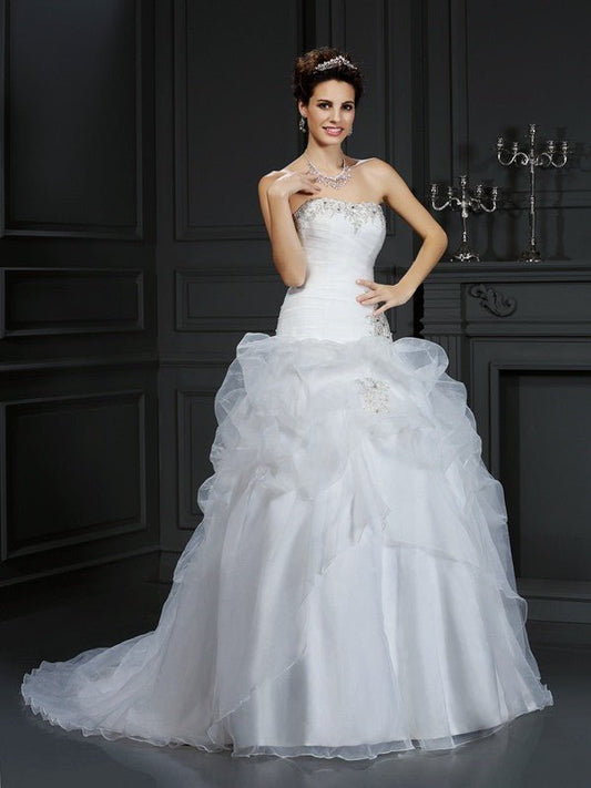 NumberSea - Ball Gown Strapless Beading Sleeveless Long Organza Wedding Dresses