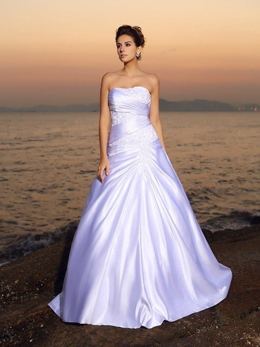 NumberSea - Ball Gown Strapless Beading Sleeveless Long Satin Beach Wedding Dresses