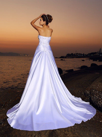 NumberSea - Ball Gown Strapless Beading Sleeveless Long Satin Beach Wedding Dresses