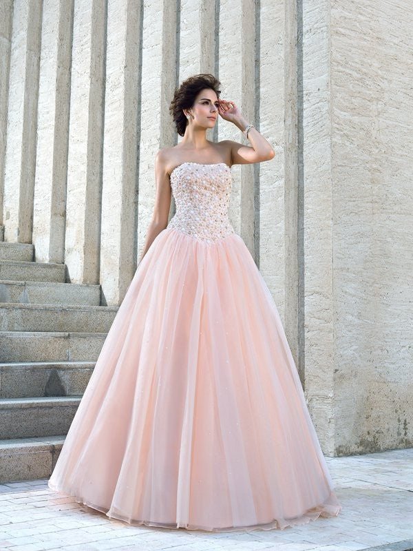 NumberSea - Ball Gown Strapless Beading Sleeveless Long Satin Wedding Dresses