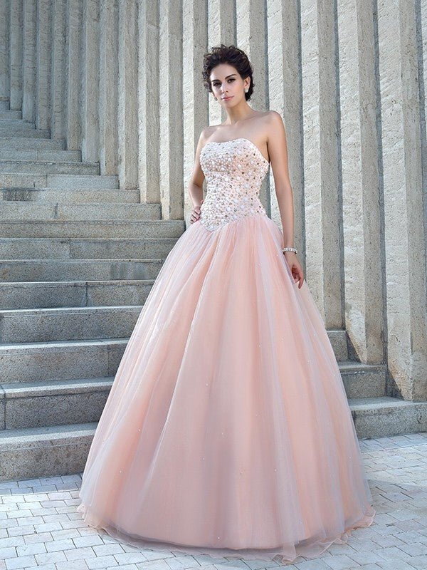 NumberSea - Ball Gown Strapless Beading Sleeveless Long Satin Wedding Dresses