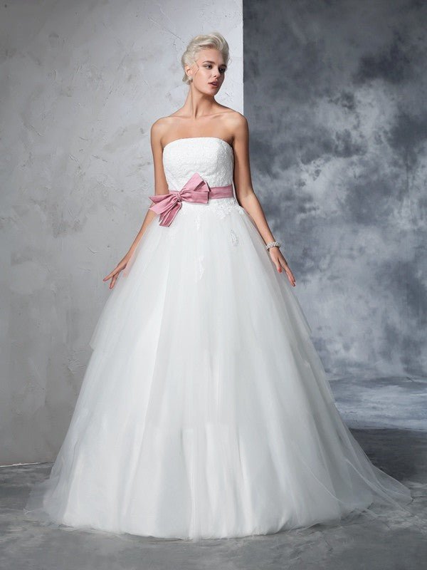 NumberSea - Ball Gown Strapless Bowknot Sleeveless Long Net Wedding Dresses