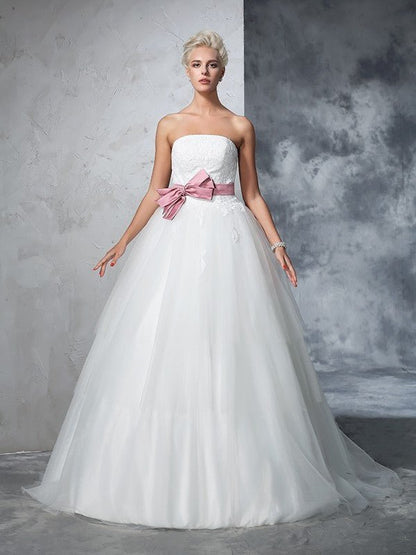 NumberSea - Ball Gown Strapless Bowknot Sleeveless Long Net Wedding Dresses