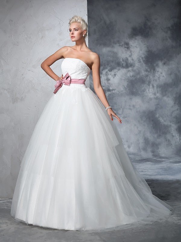 NumberSea - Ball Gown Strapless Bowknot Sleeveless Long Net Wedding Dresses