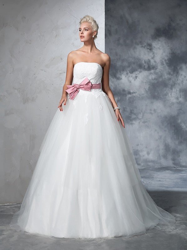 NumberSea - Ball Gown Strapless Bowknot Sleeveless Long Net Wedding Dresses