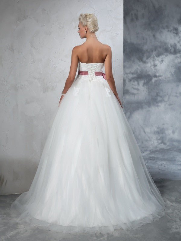 NumberSea - Ball Gown Strapless Bowknot Sleeveless Long Net Wedding Dresses