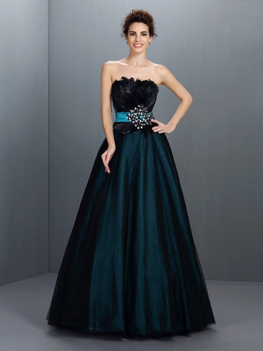 NumberSea - Ball Gown Strapless Feathers/Fur Sleeveless Long Elastic Woven Satin Quinceanera Dresses