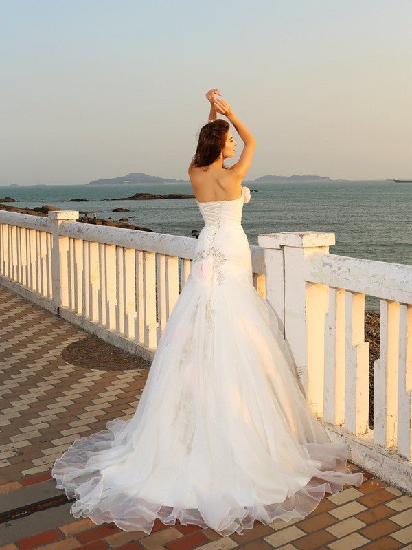 NumberSea - Ball Gown Strapless Hand - Made Flower Sleeveless Long Satin Beach Wedding Dresses