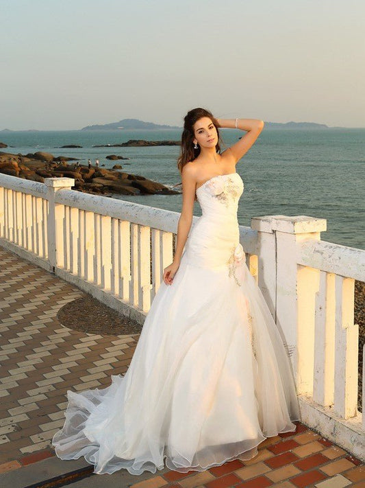 NumberSea - Ball Gown Strapless Hand - Made Flower Sleeveless Long Satin Beach Wedding Dresses