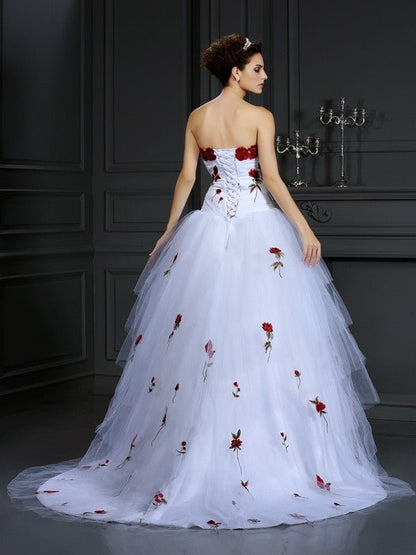 NumberSea - Ball Gown Strapless Hand - Made Flower Sleeveless Long Tulle Wedding Dresses