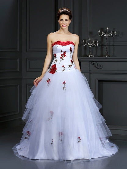 NumberSea - Ball Gown Strapless Hand - Made Flower Sleeveless Long Tulle Wedding Dresses