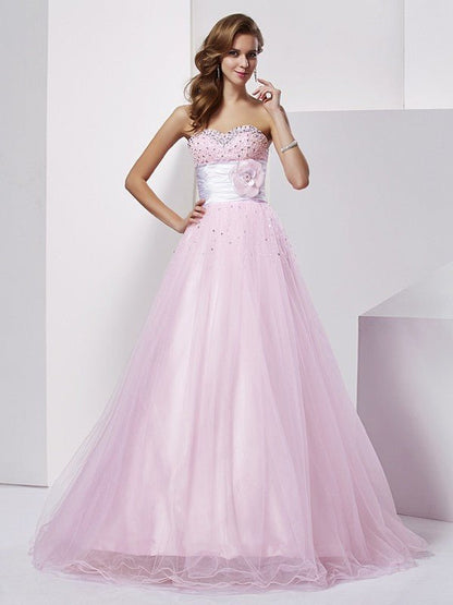 NumberSea - Ball Gown Strapless Sleeveless Beading Long Elastic Woven Satin Quinceanera Dresses